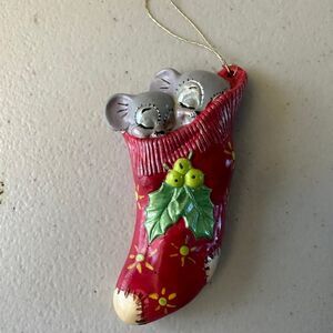 Vintage Alberta Hand Painted Ceramic Mold Two Mice In Sock Christmas Ornament